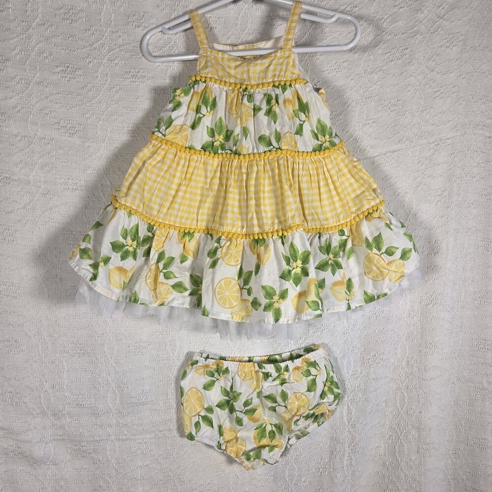 Little Me Baby Girl Dress Set 12M‎ Lemon Print Gingham Tiered Dress & Bloomers